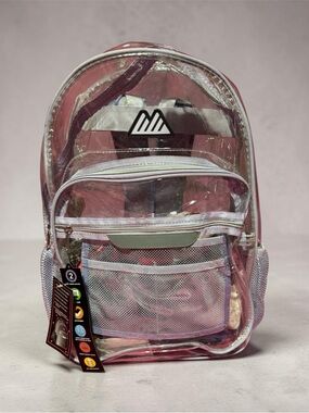 Clear Pink Transparent Backpack with Front Mesh Pocket by